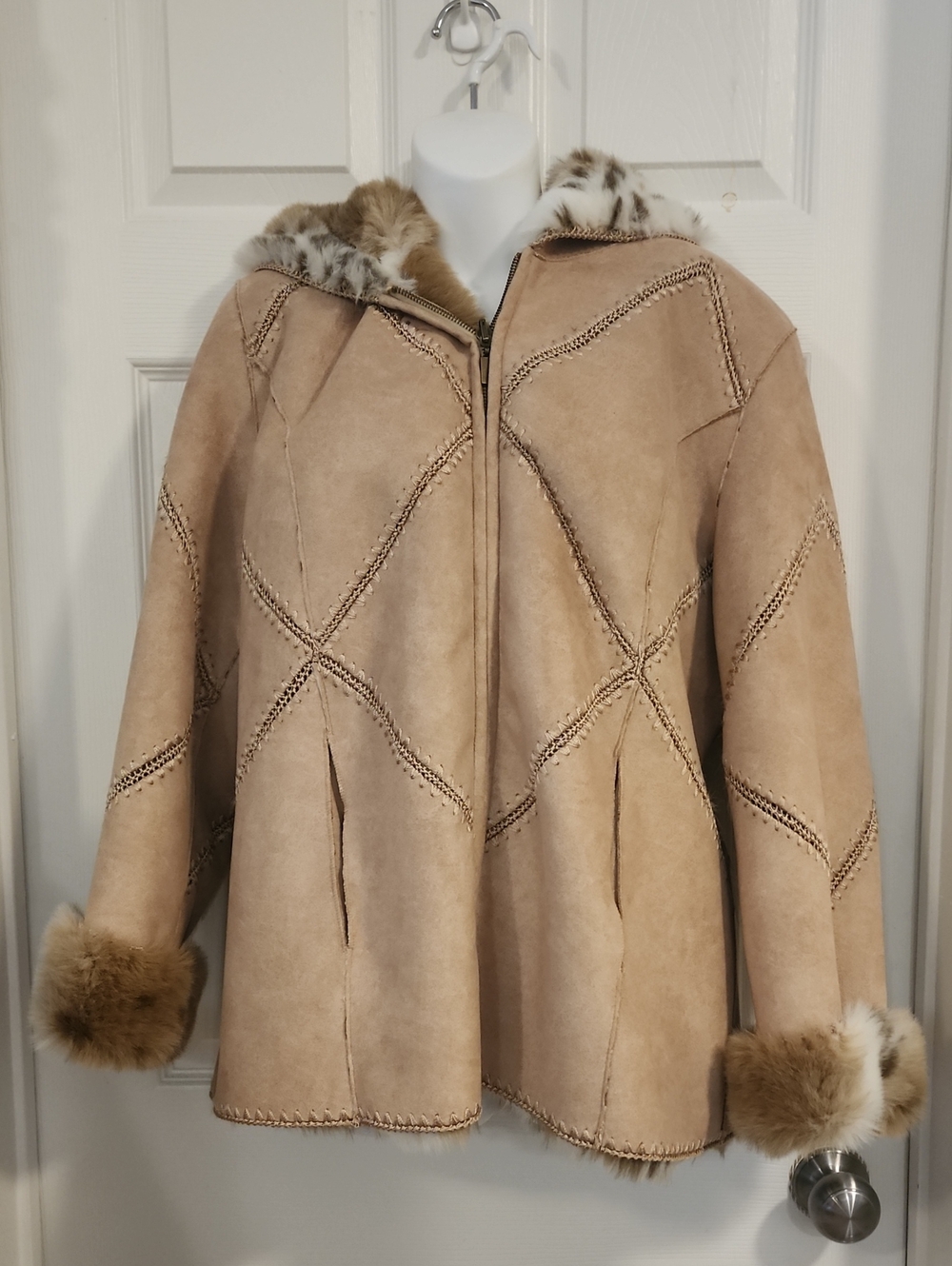 Stunning Women's Tan Shealing Hooded Coat with Faux Suede And Faux Fur Liner.